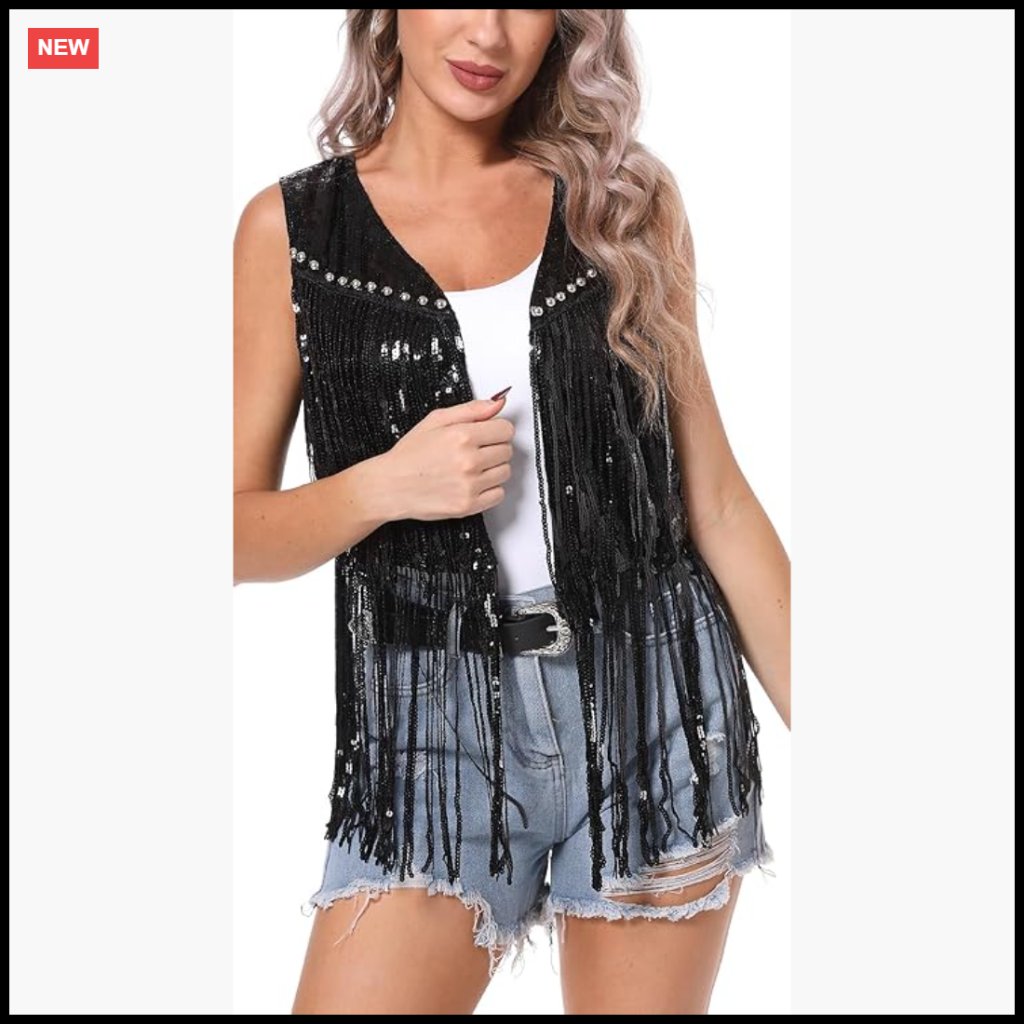 Sequin Fringe Vest Jacket Sparkly Glitter Tassel Cardigan Western Disco Party